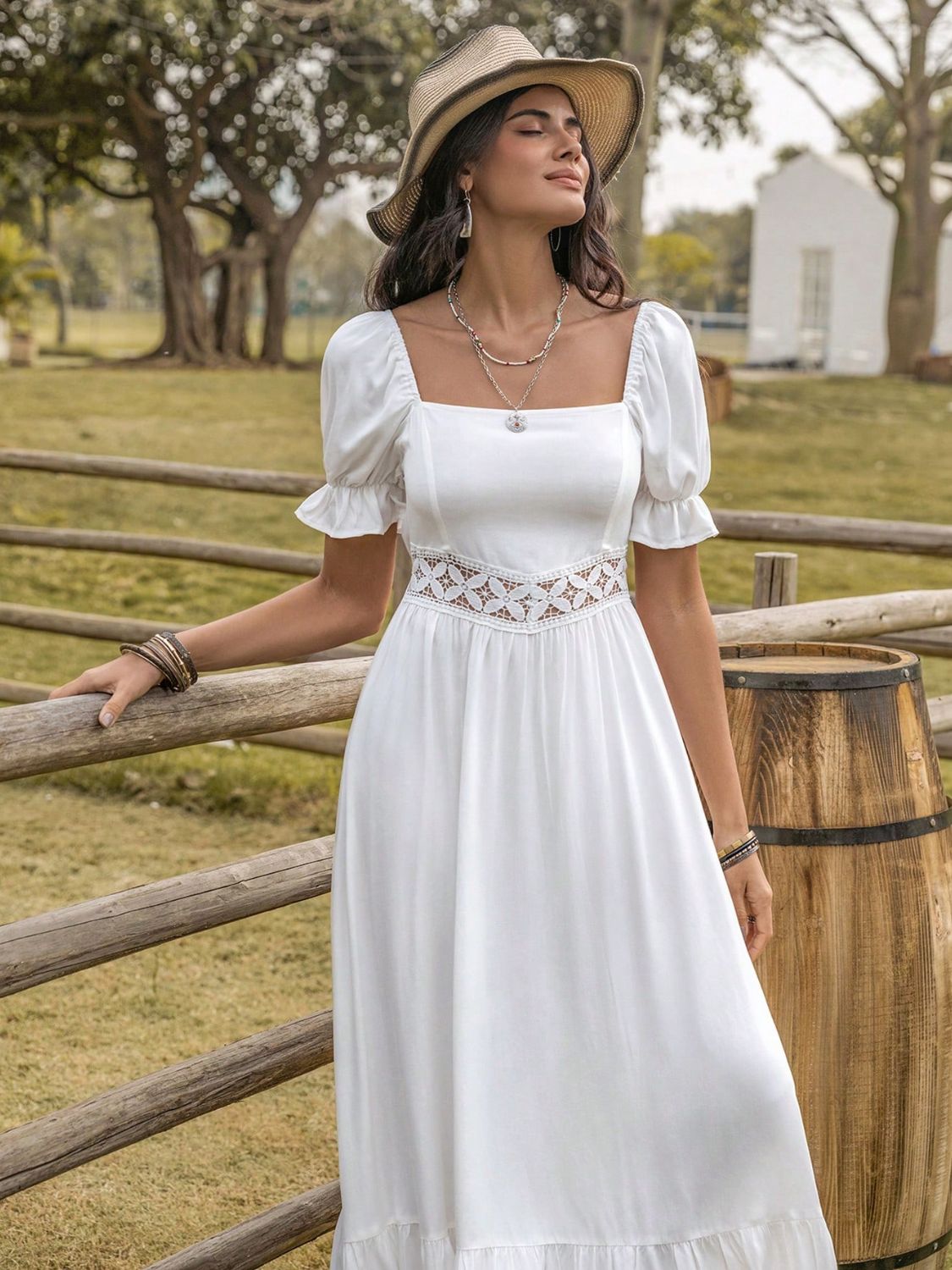 Square Neck Flounce Sleeve Midi Dress - store name
